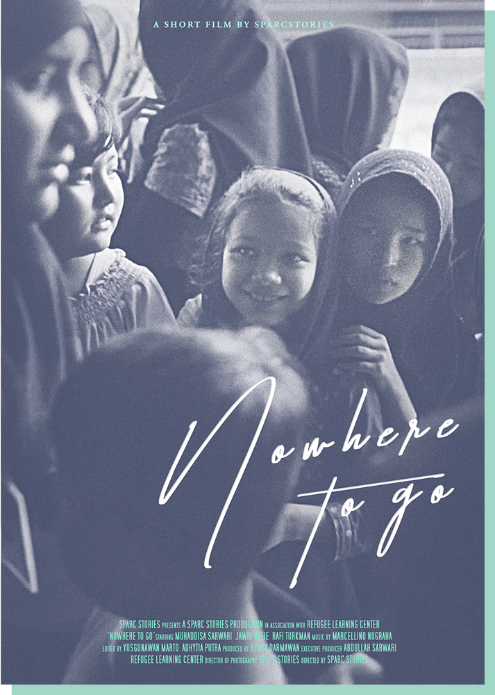 Nowhere To Go movie poster showing a crowd of Hazara refugees with 2 girls at the center, one smiling to someone in front of her