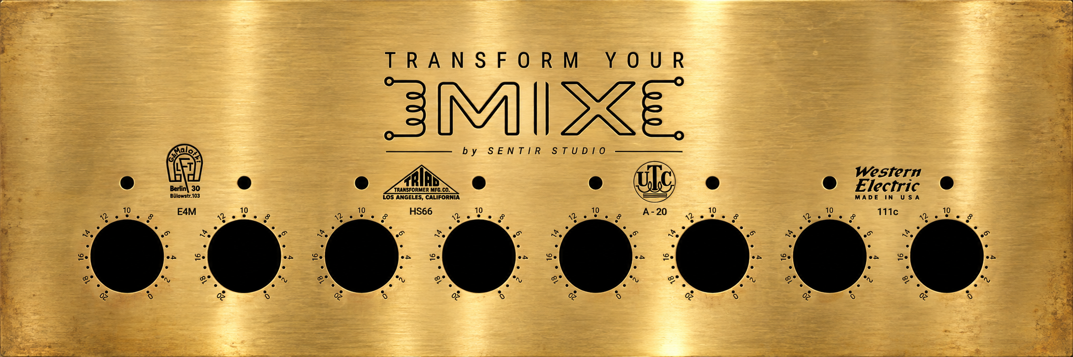 Transform Your Mix rack in lightly tarnished polished brass with black engraving and four pairs of transformer controls